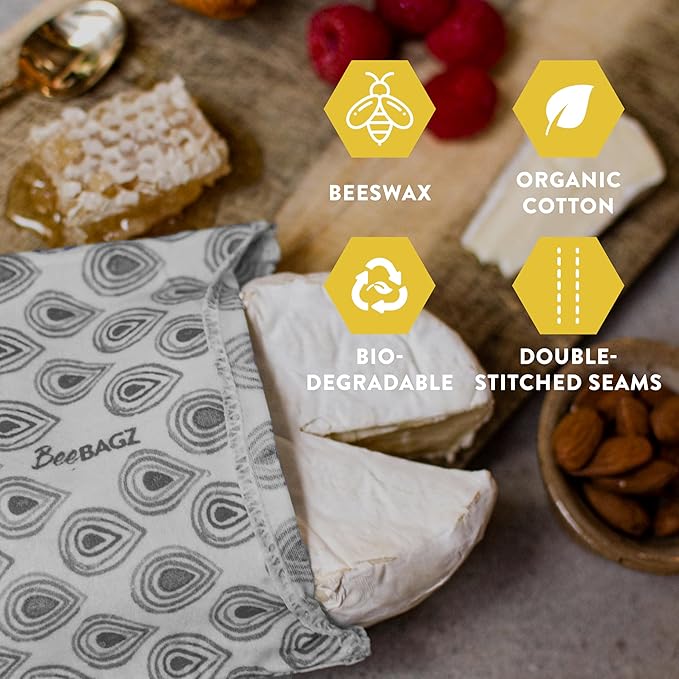 Beeswax Wrap Storage Bag, Reusable Food Storage Bags, Pack of 6, Plastic Free Biodegradable Food Wrap Alternative, Family Pack, 3 Small + 2 Medium + 1 Large, (grey)