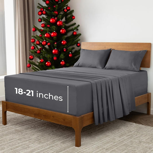 Mellanni Extra Deep California King Sheets - 4 PC Iconic Collection Bedding - Hotel Luxury, Ultra Soft, Cooling Bed Sheets - Wrinkle, Fade, Stain Resistant (Cal King, Gray)