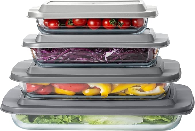 COOK WITH COLOR 8-Piece Deep Glass Baking Dish Set with Plastic Lids – Casserole and Food Storage Containers for Lasagna, Leftovers – Freezer-to-Oven, Microwave & Dishwasher Safe, Grey