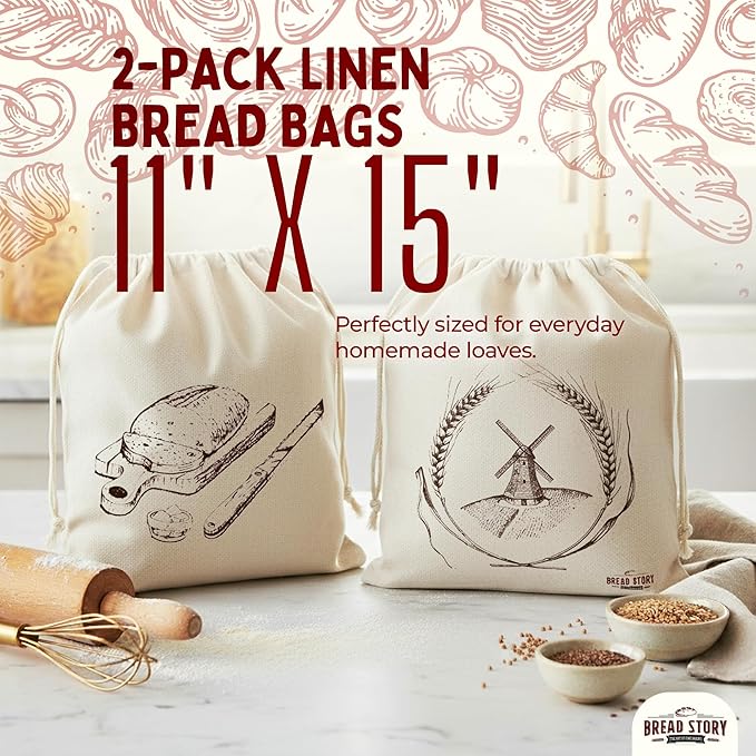 Linen Bread Bag – Reusable Linen Bags for Homemade Bread & Sourdough | Cloth Bags for Sourdough, Artisan Loaves, & Pastries | Unbleached Natural Fabric with Drawstring Closure, 2-Pack, 11 x 15"