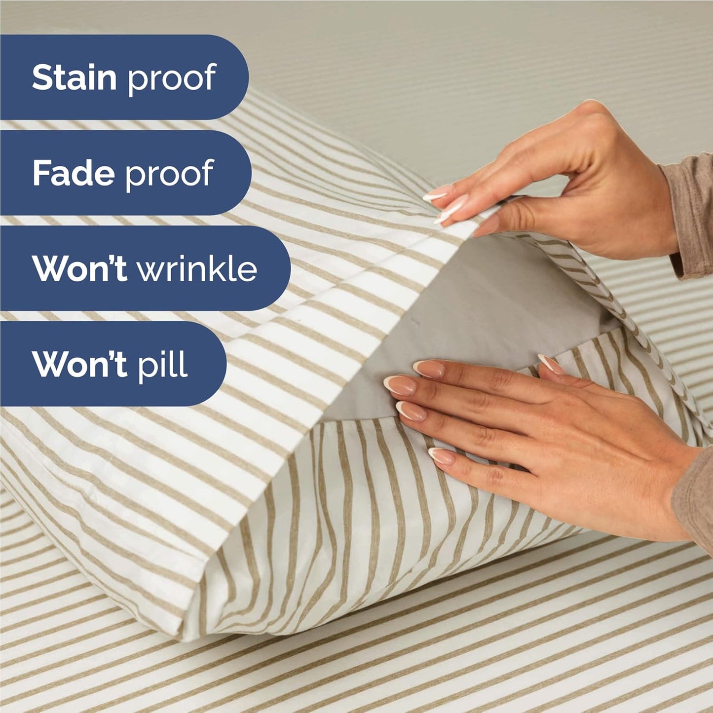 Full Size 4 Piece Sheet Set - Comfy Breathable & Cooling Bed Sheets Set - Hotel Luxury Bedding for Women, Men, Kids, Teens, Boys & Girls - Deep Pockets, Soft, Wrinkle Free - Oeko-Tex - Beige Stripes 2