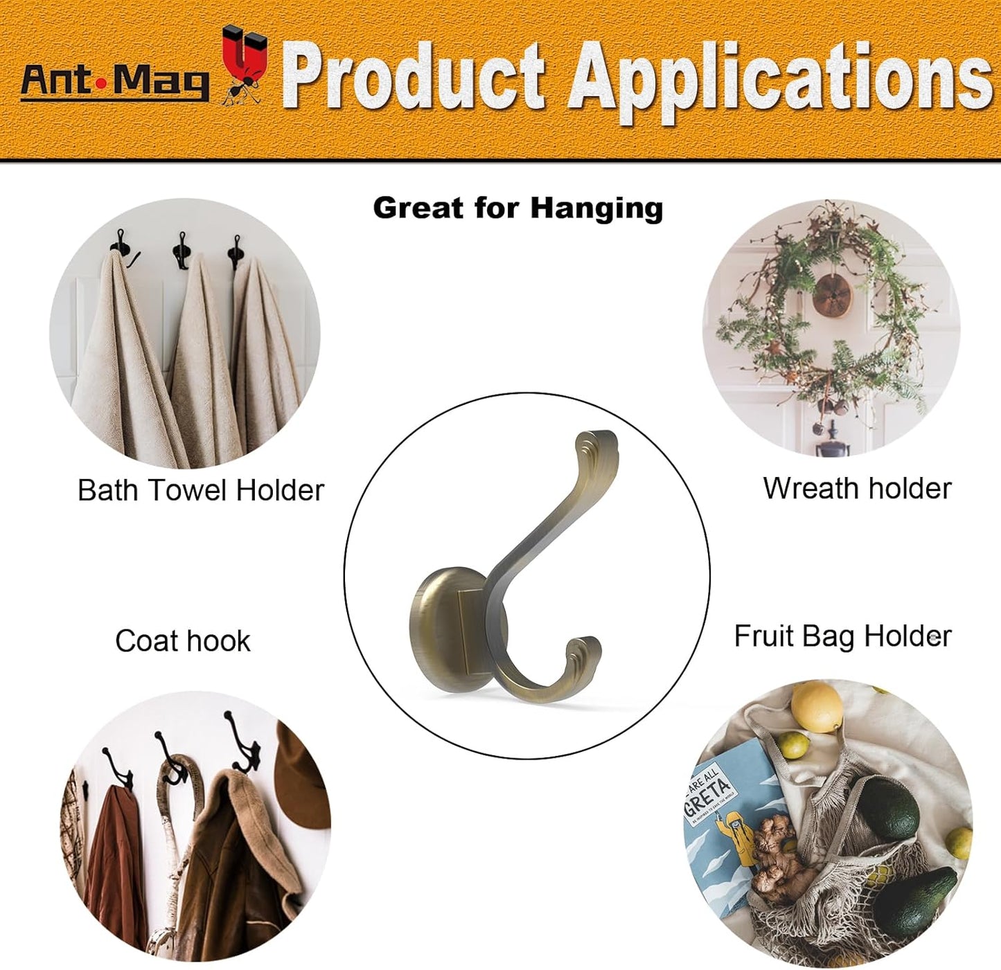 Ant Mag Magnet Hooks Heavy Duty 140lbs Neodymium Magnet Metal Wall Hooks for Hanging Coats Robes Backpacks Bags Hats Keys Mugs Cups Towels Bronze