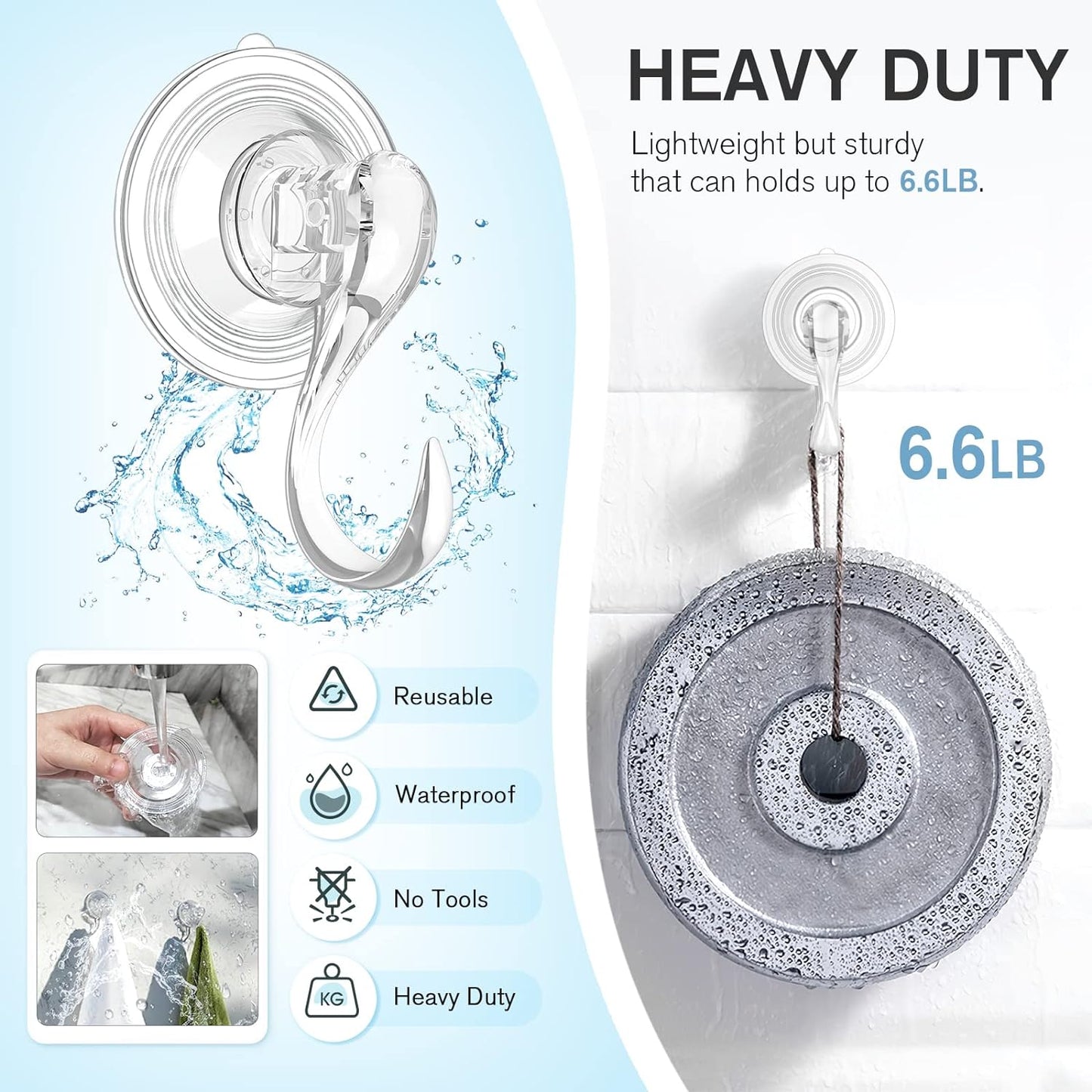 VIS'V Suction Cup Hooks, Small Shower Suction Hooks with Wipes, Heavy Duty, Removable and Reusable, Clear, 2 Pcs