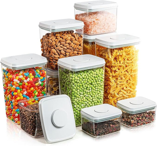 Airtight Pop Food Containerswith Lids, 10 PCS Kitchen and Pantry Organization Canisters for Cereal, Dry Food, Sugar, Snack, Flour, Spaghetti