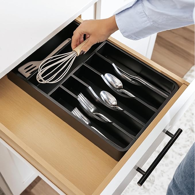 Silverware Organizer - Cutlery, Flatware, and Utensil Holder for Kitchen Drawers, Fixed 10.5” Width, 7 Storage Compartments, Non-Slip Feet, Rounded Corners, 100% Bamboo, Black Finish