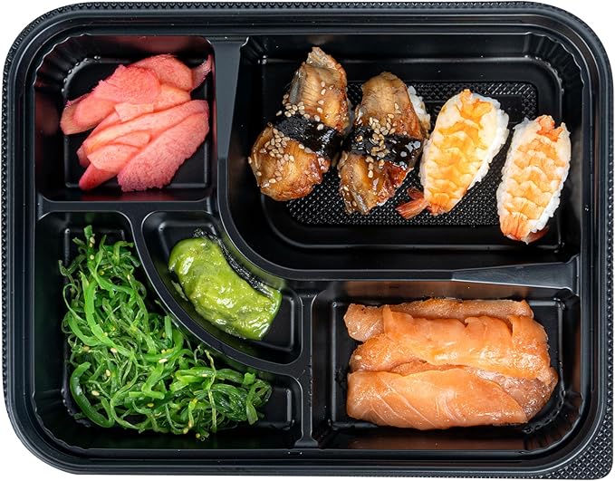 Restaurantware-Bento Tek 26.2 Ounce Meal Prep Containers, 100 Disposable To Go Food Boxes - Lids Sold Separately, 5 Compartments, Black Plastic Bento Lunch Boxes, Microwavable, Freezable