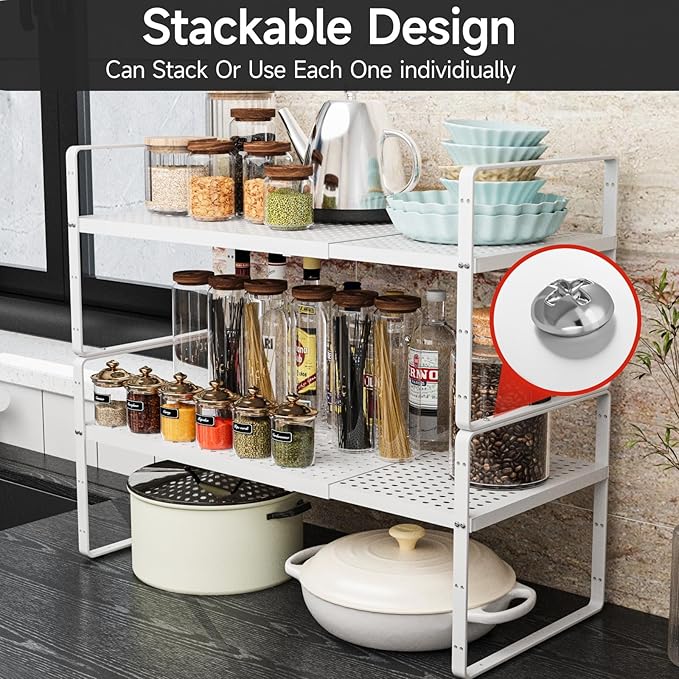 Expandable Cabinet Countertop Shelves, Adjustable Metal Spice Rack Organizer Stackable Stand Extender Counter Storage Shelves for Kitchen Cabinet, Countertop, Pantry and Cupboard, White