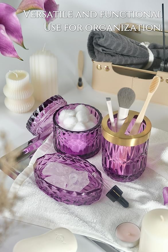 Purple Bathroom Accessories Set, 5Pcs Clear Glass Bathroom Accessories, Crystal Lotion Soap Dispenser, Toothbrush Holder Set, Soap Dish, Qtip Holder, Tumbler for Modern Bathroom Decor