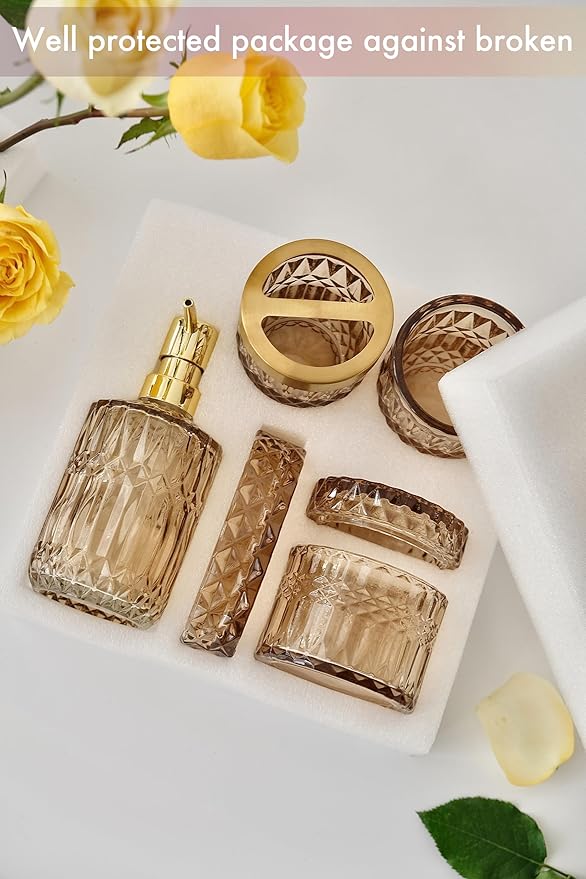Brown Bathroom Accessories Set, 5Pcs Clear Glass Bathroom Accessories, Lotion Soap Dispenser, Toothbrush Holder Set, Soap Dish, Qtip Holder, Tumbler, Vintage Bathroom Set, Vanity Organizer