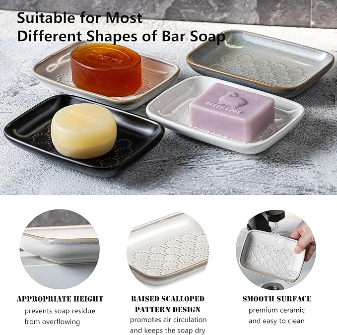 Gomakren Soap Dish for Shower, Ceramic Soap Dishes for Bar Soap Sponge, Shower Soap Holder Saver Tray for Bathroom Kitchen Sink, Easy to Clean, Beige