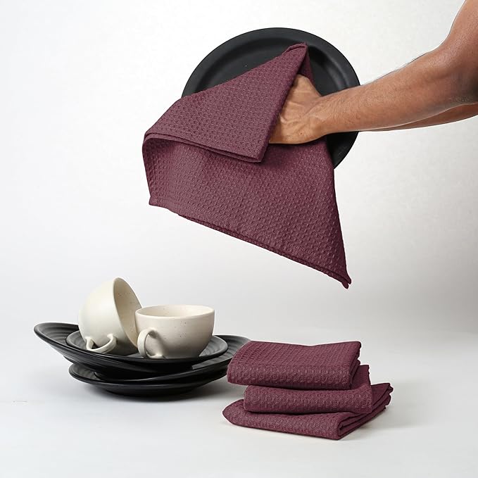 Burgundy Wine Waffle Kitchen Towels, 16x26 Inches, Absorbent, and Durable, 100% Cotton, Reusable, Quick Drying, Ideal for Drying Dishes, Cleaning, Multipurpose Use, 4 Pack