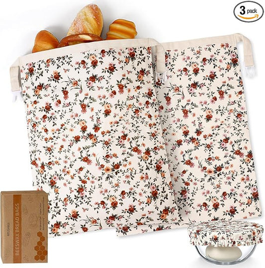 3 Pack Reusable Beeswax Bread Bags and Bowl Cover for Homemade Bread Sourdough, Large Vintage Floral Cotton Natural Beeswax Coating, for Sourdough Loaf Storage to Keep Fresh