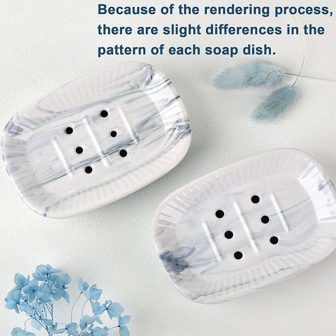 Ceramic Soap Dish, Self-draining Soap Holder, Double Layer Bar Soap Holder Marble Blue, Draining Soap Dishes for Bathroom Shower Kitchen, Easy to Clean, Keep Soap Dry, ANTIS'S HOME