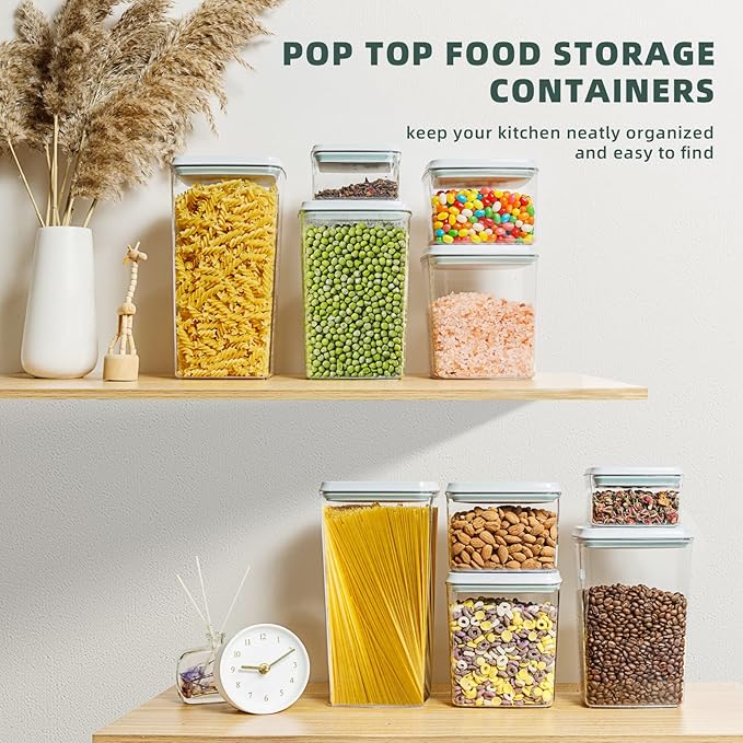 Airtight Pop Food Containerswith Lids, 10 PCS Kitchen and Pantry Organization Canisters for Cereal, Dry Food, Sugar, Snack, Flour, Spaghetti