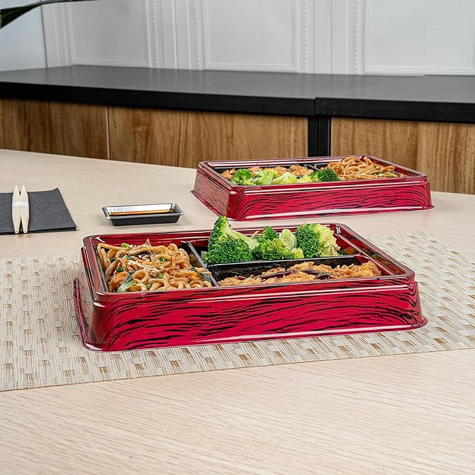 Restaurantware-Bento Tek 16.1 Ounce Meal Prep Containers, 50 Disposable To Go Food Boxes - Lids Sold Separately, 3 Compartments, Red And Black Plastic Bento Lunch Boxes, Freezable, For Take Out
