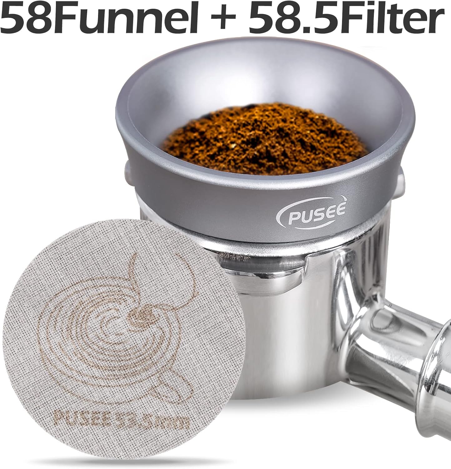 58mm Espresso Dosing Funnel & 58.5mm Puck Screen,PUSEE Coffee Dosing Ring Aluminum Metal,Reusable 1.7mm Thickness 150μm Espresso Puck Screen 316 Stainless Steel Fits 58mm Portafilter