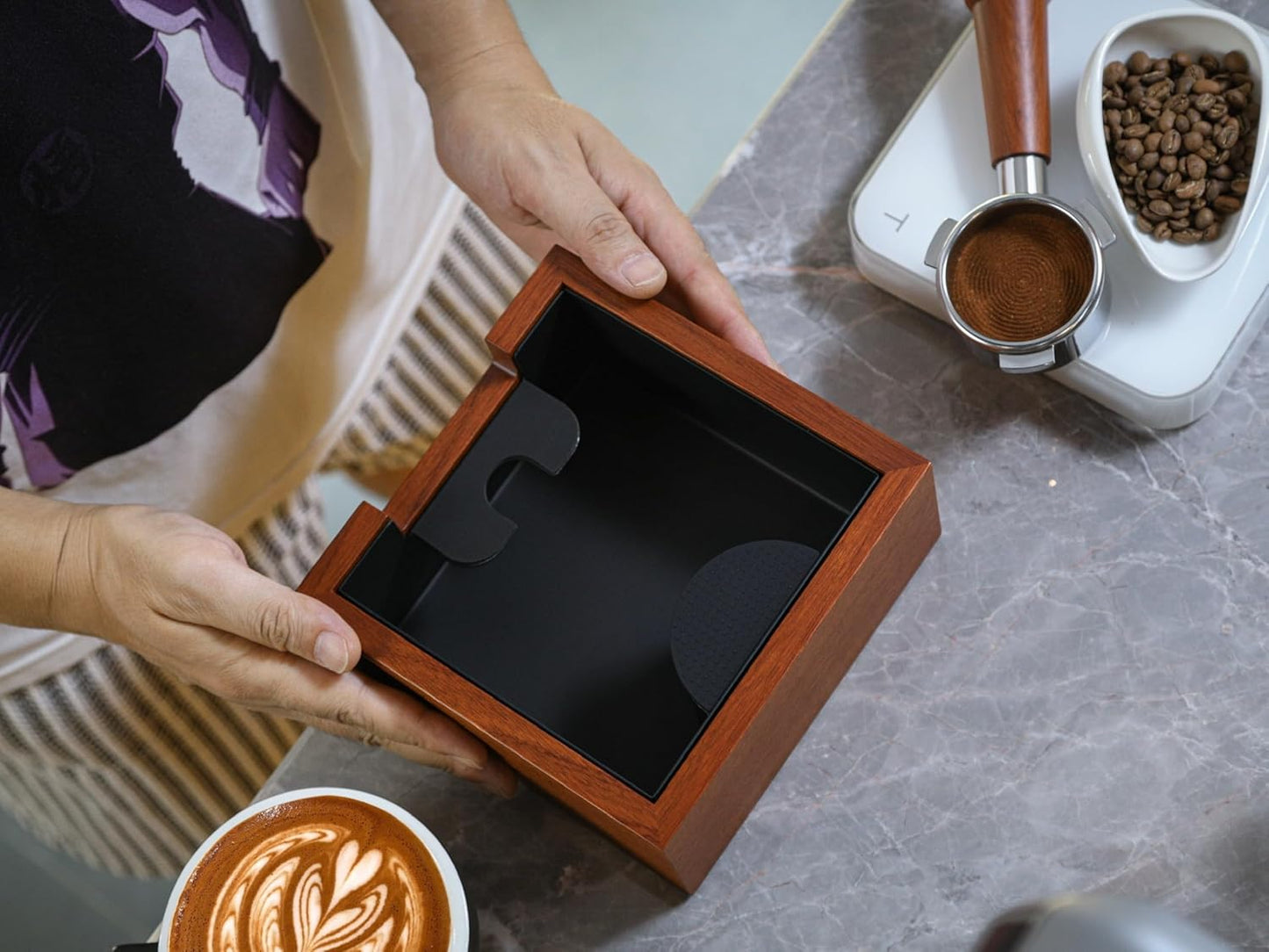 Rosewood Espresso Knock Box Portafilter Tamping Stand with Shock-Absorbing Bar & Non-Slip Design | Premium Dump Bin for Home Barista Stations