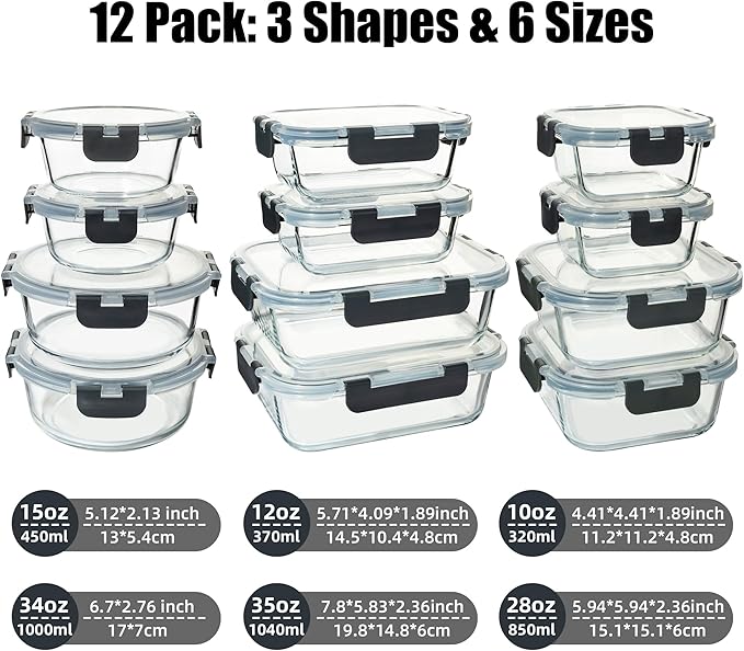 12 Pack Glass Food Storage Containers Set, Glass Meal Prep Containers with Lids, Airtight Lunch Containers, Dishwasher Safe, grey