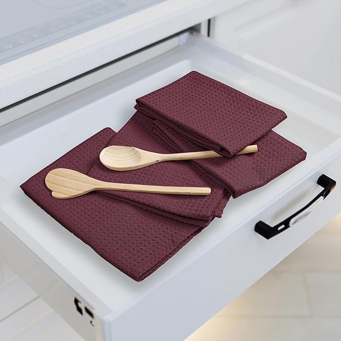 Burgundy Wine Waffle Kitchen Towels, 16x26 Inches, Absorbent, and Durable, 100% Cotton, Reusable, Quick Drying, Ideal for Drying Dishes, Cleaning, Multipurpose Use, 4 Pack