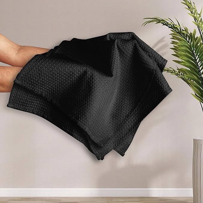 Black Waffle Kitchen Towels, 16x26 Inches, Absorbent, Soft, and Durable, Quick Drying, Reusable, Machine Washable, 100% Cotton, Perfect for Cleaning, Multipurpose Dish Towels, Set of 4