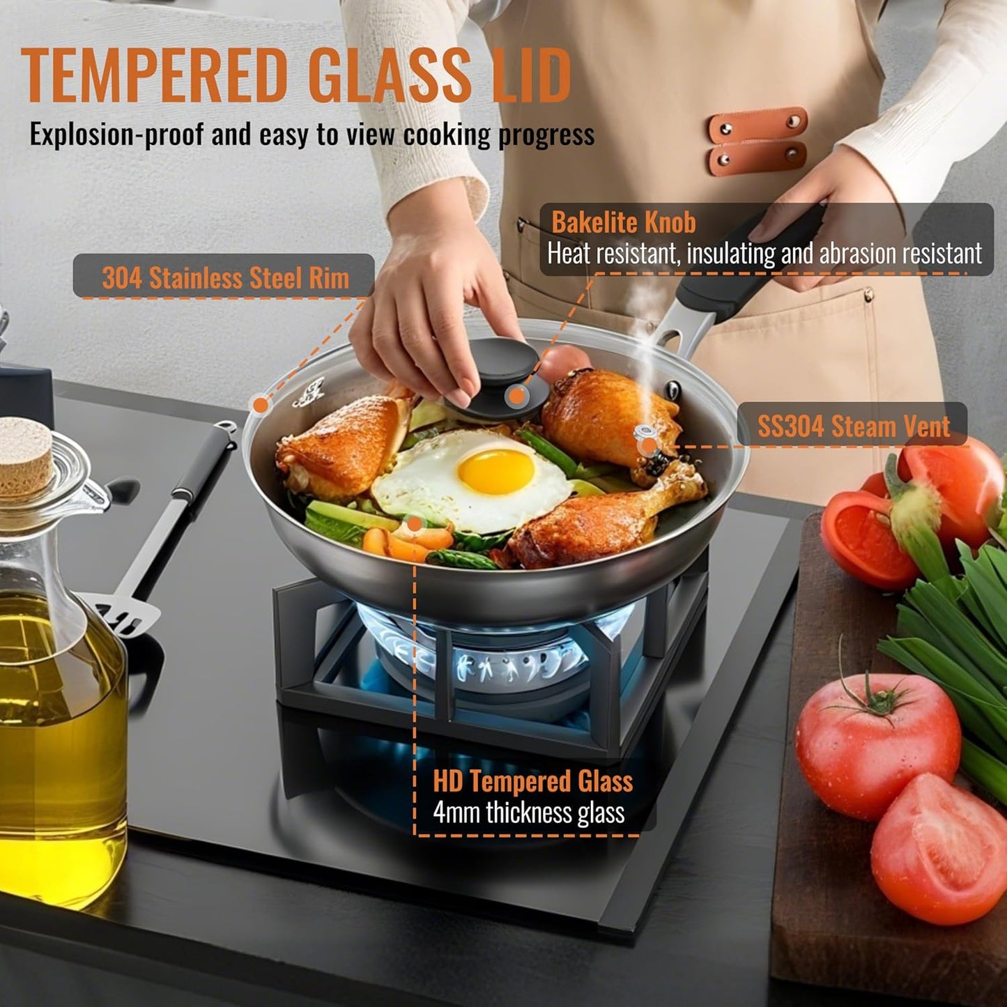 8 Inch Pan Lid For Pots Pans and Skillets, Cast Iron Skillet Lid, Tempered Glass Pan Lids Replacement, Pot Covers for Cooking, Wok, Crock Pot Lid with Stainless Steel Rim, Frying Pot Lids Only