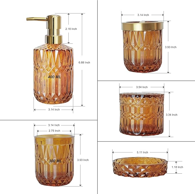 Amber Brown Bathroom Accessories Set, 5Pcs Clear Glass Bathroom Accessories, Hand Soap Dispenser, Soap Dish, Toothbrush Holder Set, Qtips Holder for Crystal Vintage Bathroom Decor, Gift Set