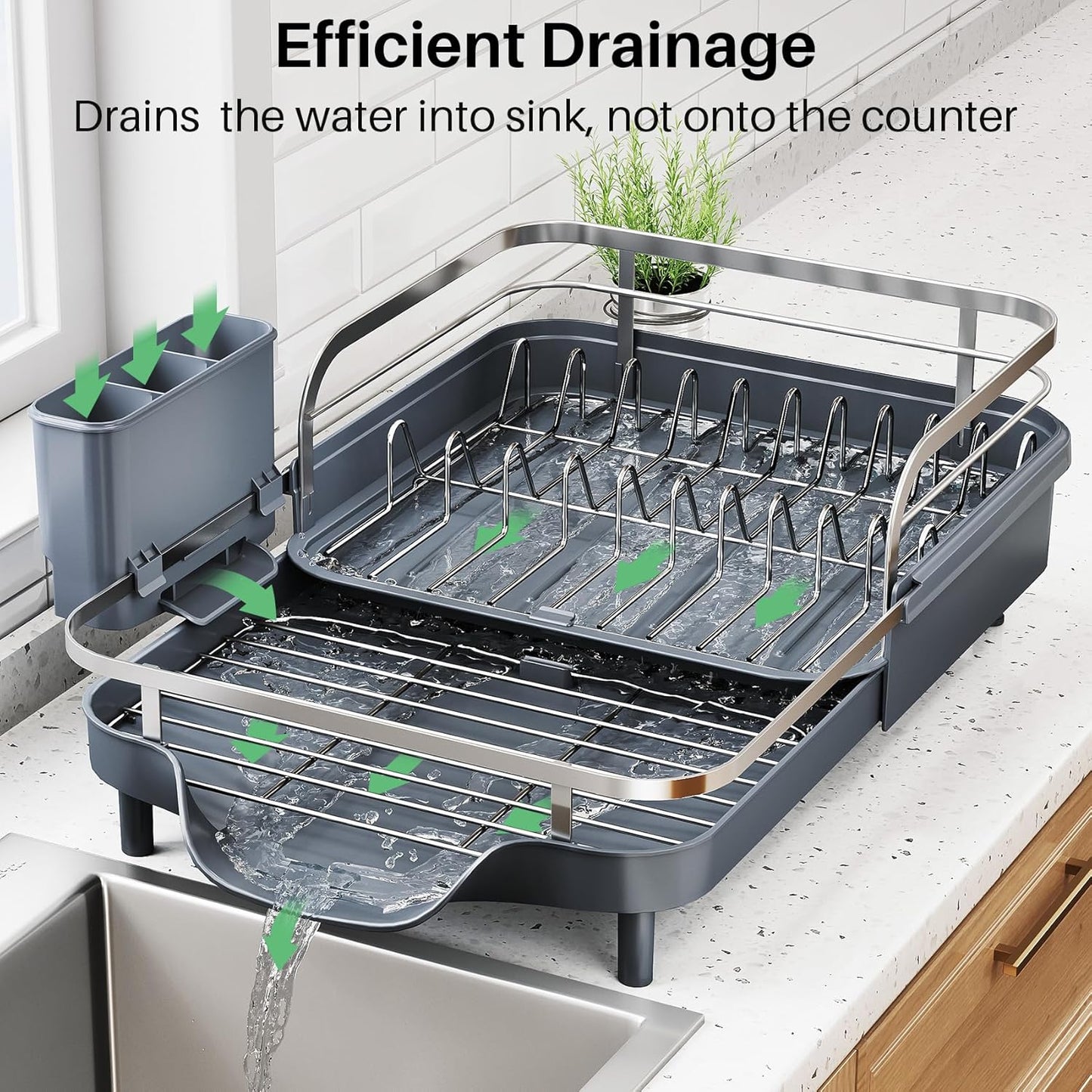 SNTD Dish Drying Rack, Expandable Dish Rack for Kitchen Counter, Stainless Steel Dish Drainer with Drainboard Set and Utensil Holder (Gray)
