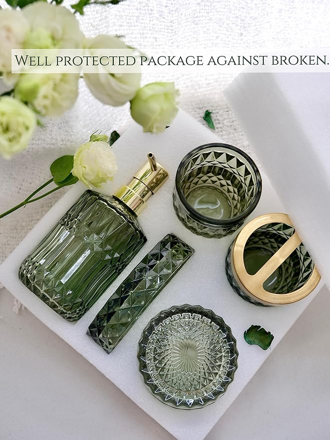Green Bathroom Accessories Set, 5Pcs Clear Glass Bathroom Accessories, Hand Soap Dispenser, Soap Dish, Toothbrush Holder Set, Tumbler, Qtips Holder for Modern Crystal Bath Countertop Decor