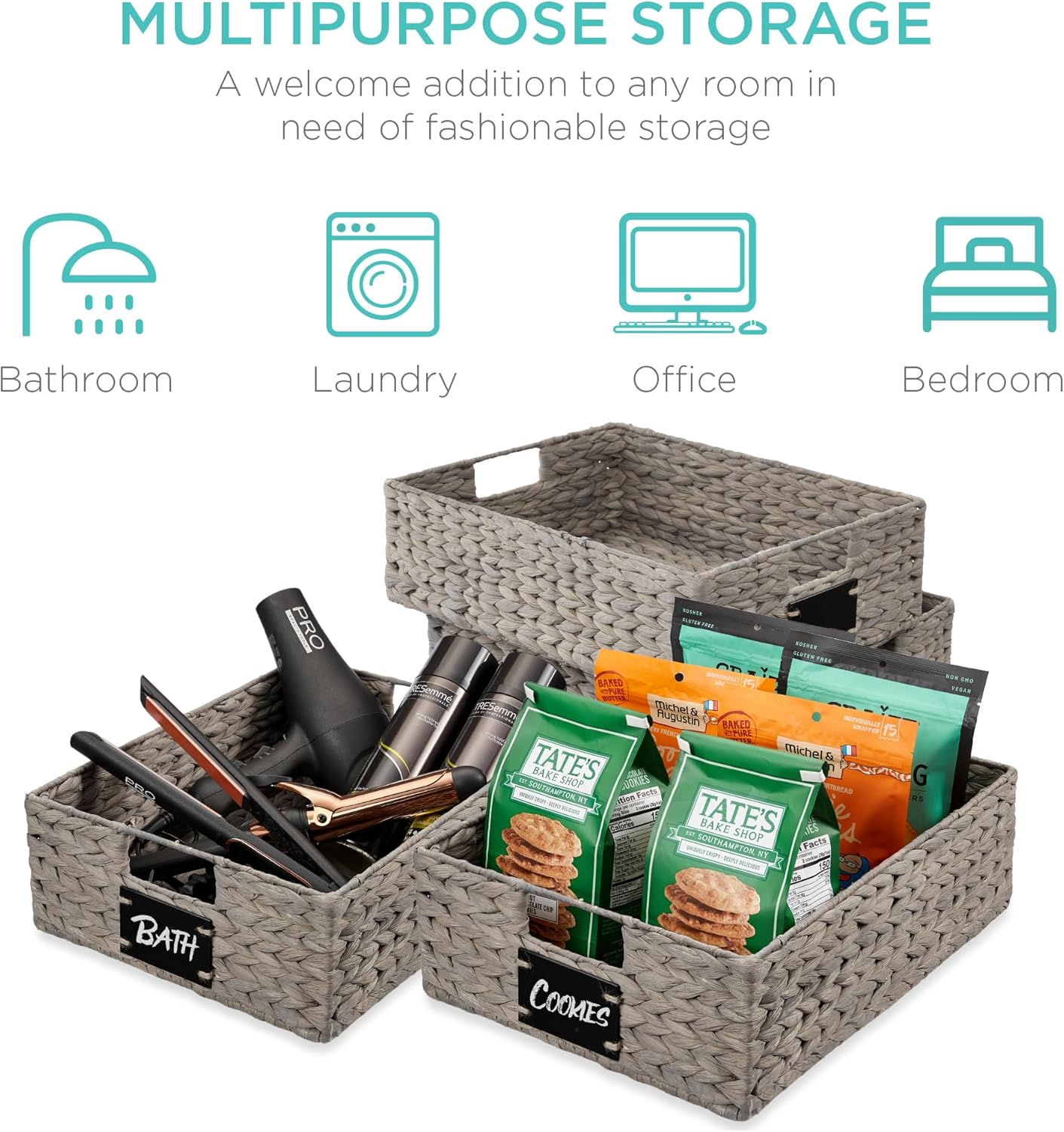 Best Choice Products Set of 4 16x12in Large Water Hyacinth Pantry Baskets, Woven Organizers w/Chalkboard Label, Chalk Marker - Gray