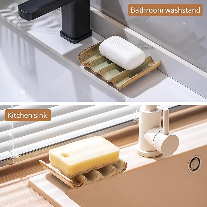 Ceramic Soap Dish, Draining Bar Soap Holder Tray, Soap Saver for Shower, Bathroom, Sink, Kitchen and Countertop, Decorative Square Soap Dish, Green 1 Pcs