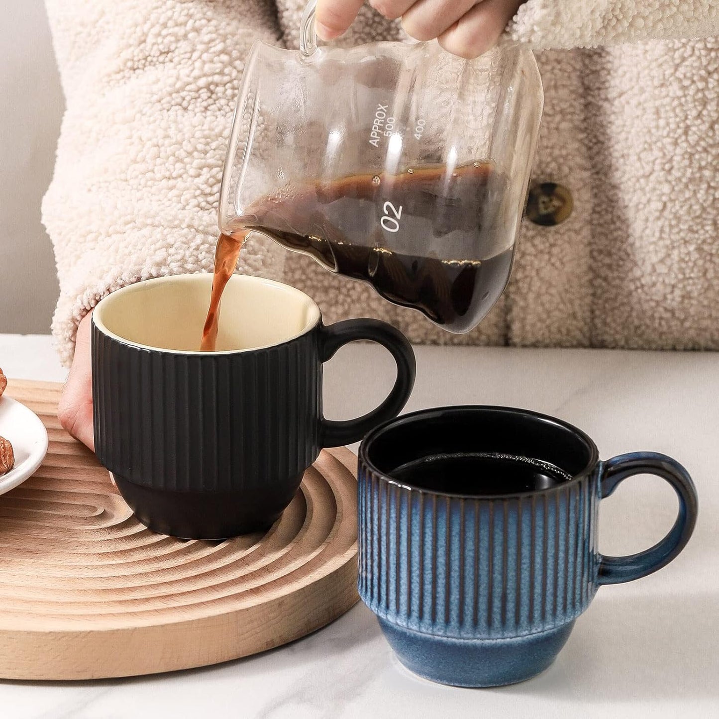 Hasense Navy Coffee Mugs Porcelain Set of 4 with Rack - 12 oz Stackable Coffee Cups Ceramic, Modern Ribbed Latte Cup Sets for Cappuccino, Tea, Espresso, Hot Cocoa, Drinks - Dishwasher & Microwave Safe
