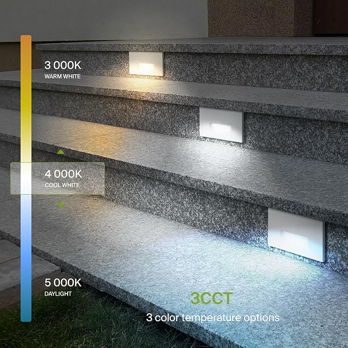 ASD LED Recessed Step Light Fixture, Outdoor & Indoor Stair Tread Lighting | 3CCT, Dimmable, Waterproof, ETL Listed | 3W 120LM 3000K-5000K 120V | Staircase Hardwired Illumination | White, 12 Pack