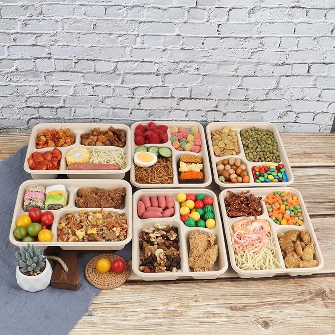 Sugarcane Fiber 23 oz 4 Compartments disposable plates with Lids Bagasse Plant Fibers Freezer Safe 50 PACK