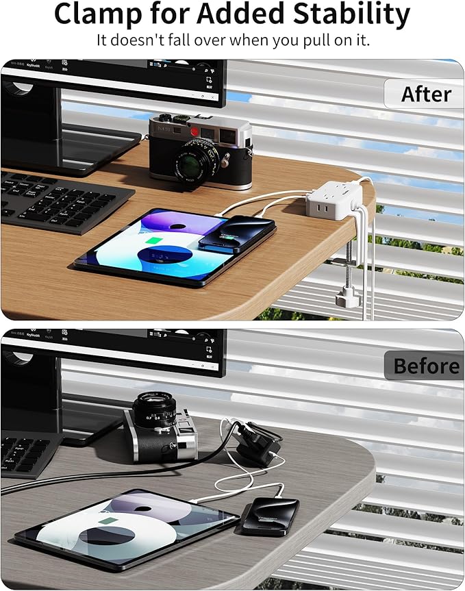 Desk Clamp Power Strip, Desktop Mount Charging Station with 4 Outlets 4 USB Ports (2 USB C), 10Ft Under Desk Power Strip, Fits 2.75" Tabletop Edge, Extension Cord for Home Office, White