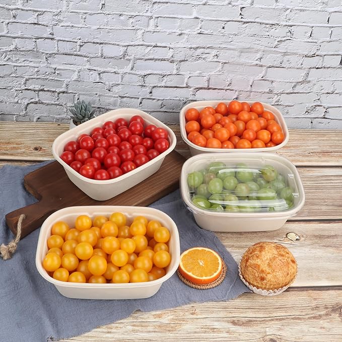 44 oz Disposable salad bowls with lids, Sugarcane Fiber Paper Bowls take away food containers meal prep Plant Fiber deli container 50 Pack