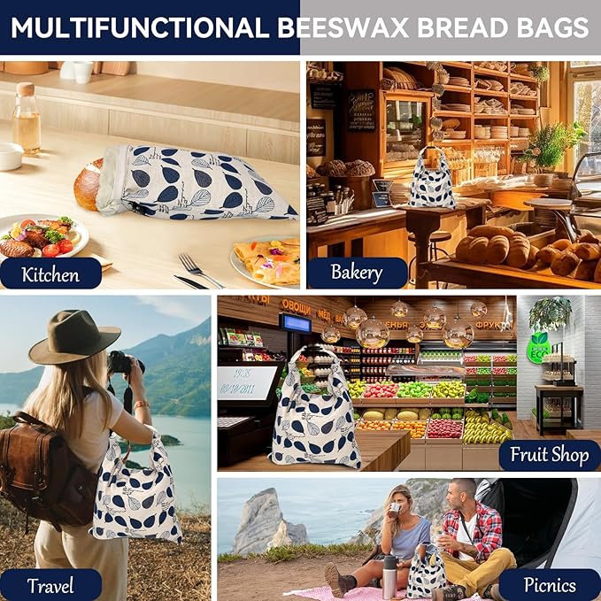 Beeswax Bread Bags for Homemade Sourdough with Zipper, 2 Pack Reusable Large Sourdough Bread Bags Baking Supplies, Food Storage Bag