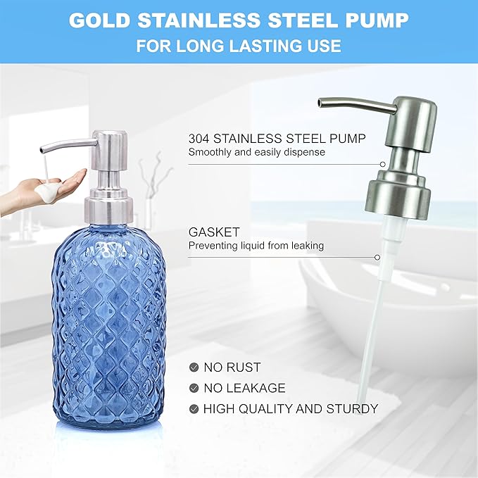 Blue Bathroom Accessories Set, 4Pcs Clear Glass Bathroom Accessory Set, Lotion Soap Dispenser, Toothbrush Holder Set, Soap Dish, Qtip Holder for Vintage Crystal Bath Decor, Light Blue