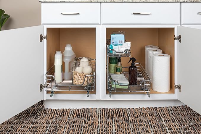 Household Essentials Glidez Chrome-Plated Steel Extended Depth 1-Tier Sliding Under Sink Cabinet Organizer, Chrome