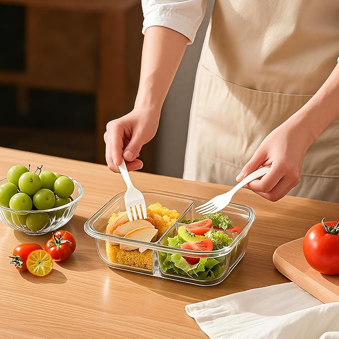 BAYZZ 5 Pack 35 Oz Glass Meal Prep Containers 3 Compartments, Glass Food Storage Containers, Lunch Bento Box with Airtight Lids, Microwave, Freezer & Dishwasher Safe, White