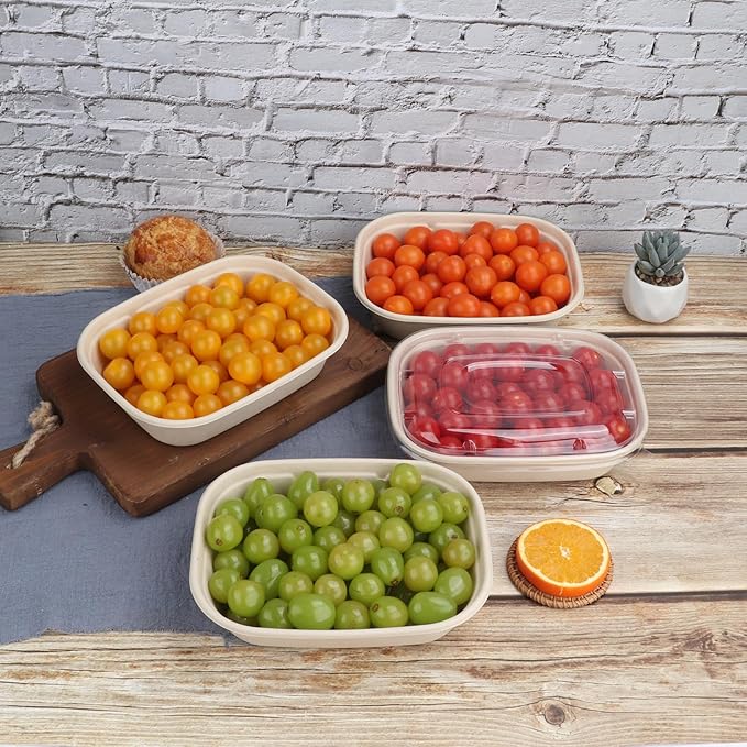 35 oz Disposable salad bowls with lids, Sugarcane Fiber Paper Bowls take away food containers meal prep Plant Fiber deli container 50 Pack