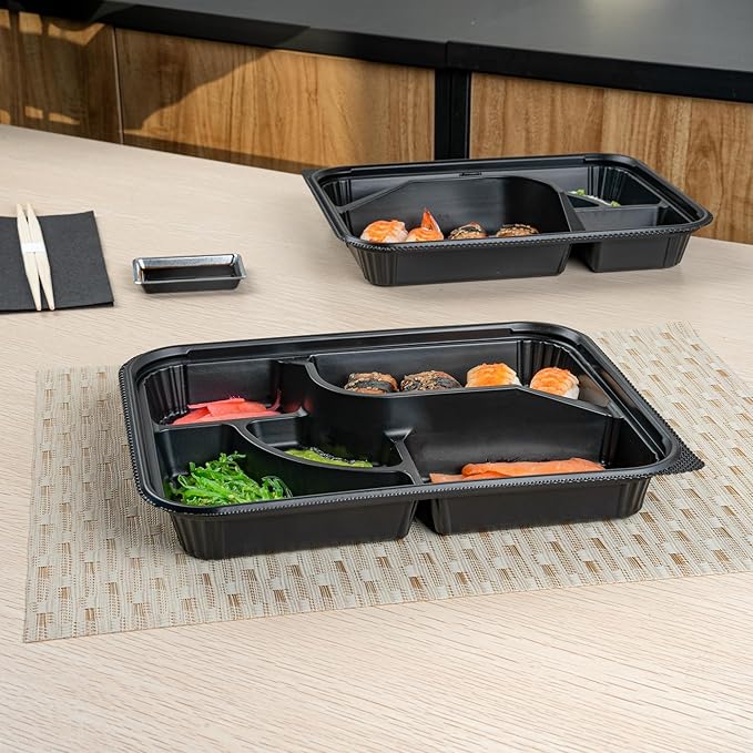 Restaurantware-Bento Tek 26.2 Ounce Meal Prep Containers, 100 Disposable To Go Food Boxes - Lids Sold Separately, 5 Compartments, Black Plastic Bento Lunch Boxes, Microwavable, Freezable