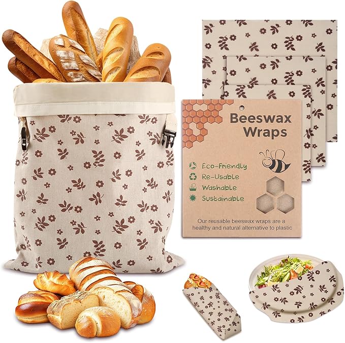 Reusable Beeswax Bread Bags&Beeswax Wraps for Food, Organic Bread bags Reusable to Keep Fresh,Sustainable, Biodegradable Homemade Washable Food Wraps, Must-Have Baking Accessories