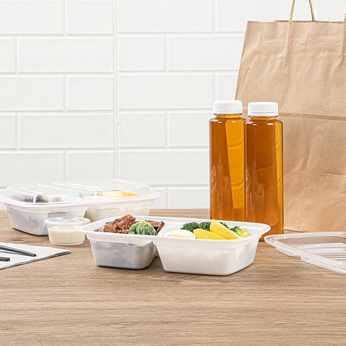 Restaurantware Asporto 32 Ounce Compartment Take Out Boxes, 50 Microwavable Meal Prep Containers - 2 Compartments, With Clear Plastic Lids, White Plastic Food Containers, Do Not Contain BPA