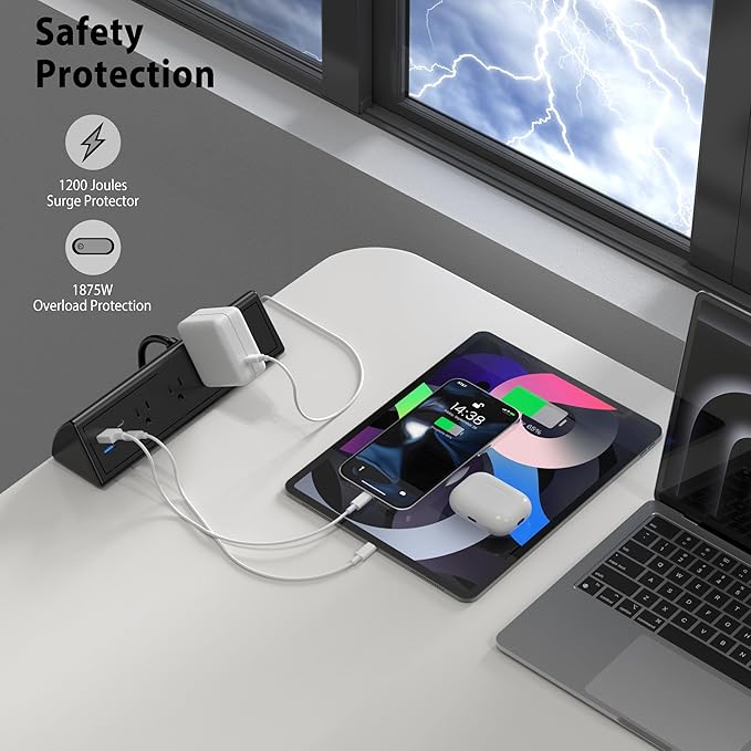 Jgstkcity Desk Clamp Power Strip,20W Fast Charging Station,Surge Protector Nightstand Edge Mount,1875W Extension Cord with Multiple Outlets,2 USB-C,2 USB-A,for Home Office (Black, 10 FT)