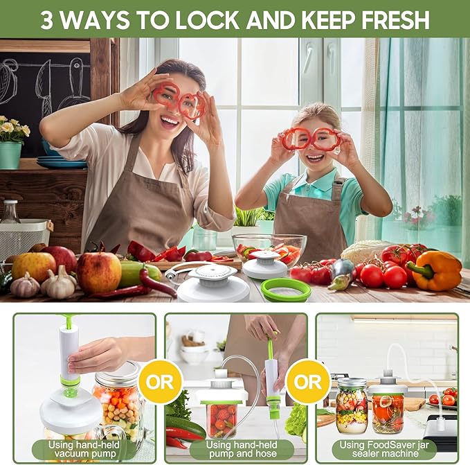 Mason Jar Vacuum Sealer Kit - Vacuum Sealer with Manual Pump and Lid Opener for Wide & Regular Mouth Jars
