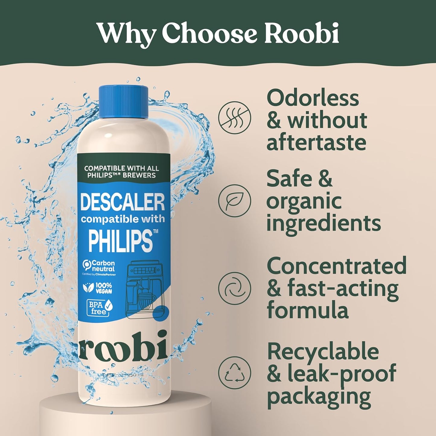 Roobi Philips Compatible Descaling Solution & Cleaner. Specially Formulated for Philips Espresso Machines. Carbon Neutral Descaler Kit. 2 Uses per Bottle, 2 Pack