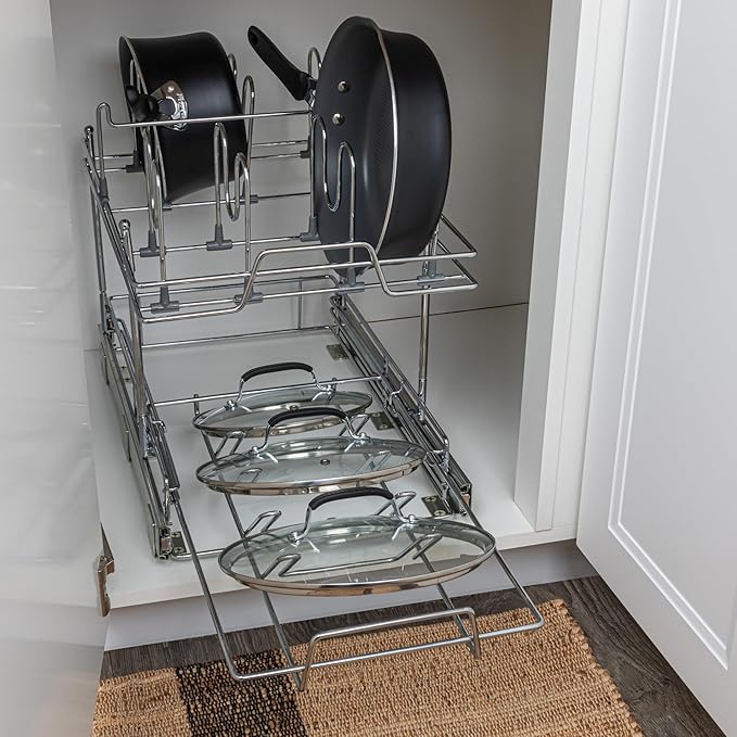 Household Essentials Glidez Multipurpose Chrome-Plated Steel Pull-Out/Slide-Out Basket Storage Organizer for Pots and Lids - 2-Tier Dual-Slide Design - Fits Standard Size Cabinet or Shelf, Chrome