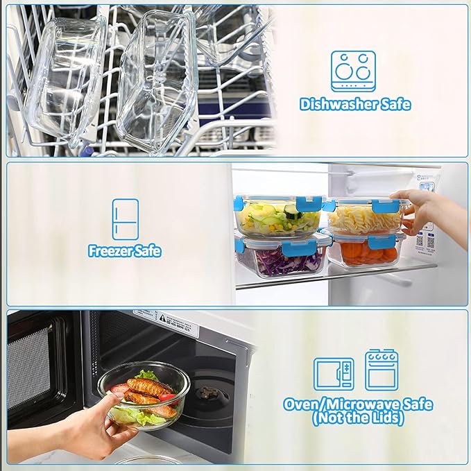 30 Pieces Glass Food Storage Containers with Upgraded Snap Locking Lids,Glass Meal Prep Containers Set - Airtight Lunch Containers, Microwave, Oven, Freezer and Dishwasher Friendly, Blue
