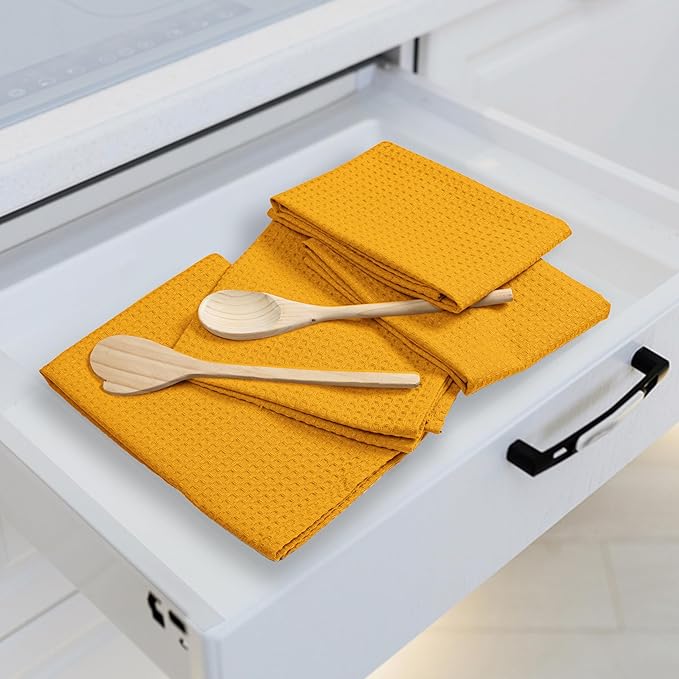 Mustard Yellow Waffle Kitchen Towels, 16x26 Inches, Absorbent, Soft, Durable, 100% Cotton, Fast Drying, Machine Washable, Reusable, Perfect for Cleaning, Multipurpose Towels, Set of 4