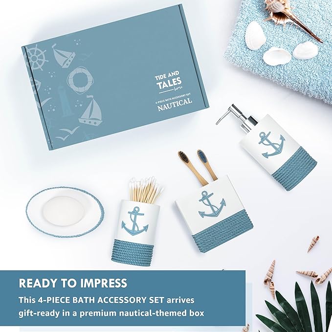 TideAndTales Luxury Nautical Bathroom Accessories Set (4 Piece) Rope and Anchor Beach Bathroom Decor with Ocean and Sea Theme Design, Countertop Coastal Soap Dispenser Set